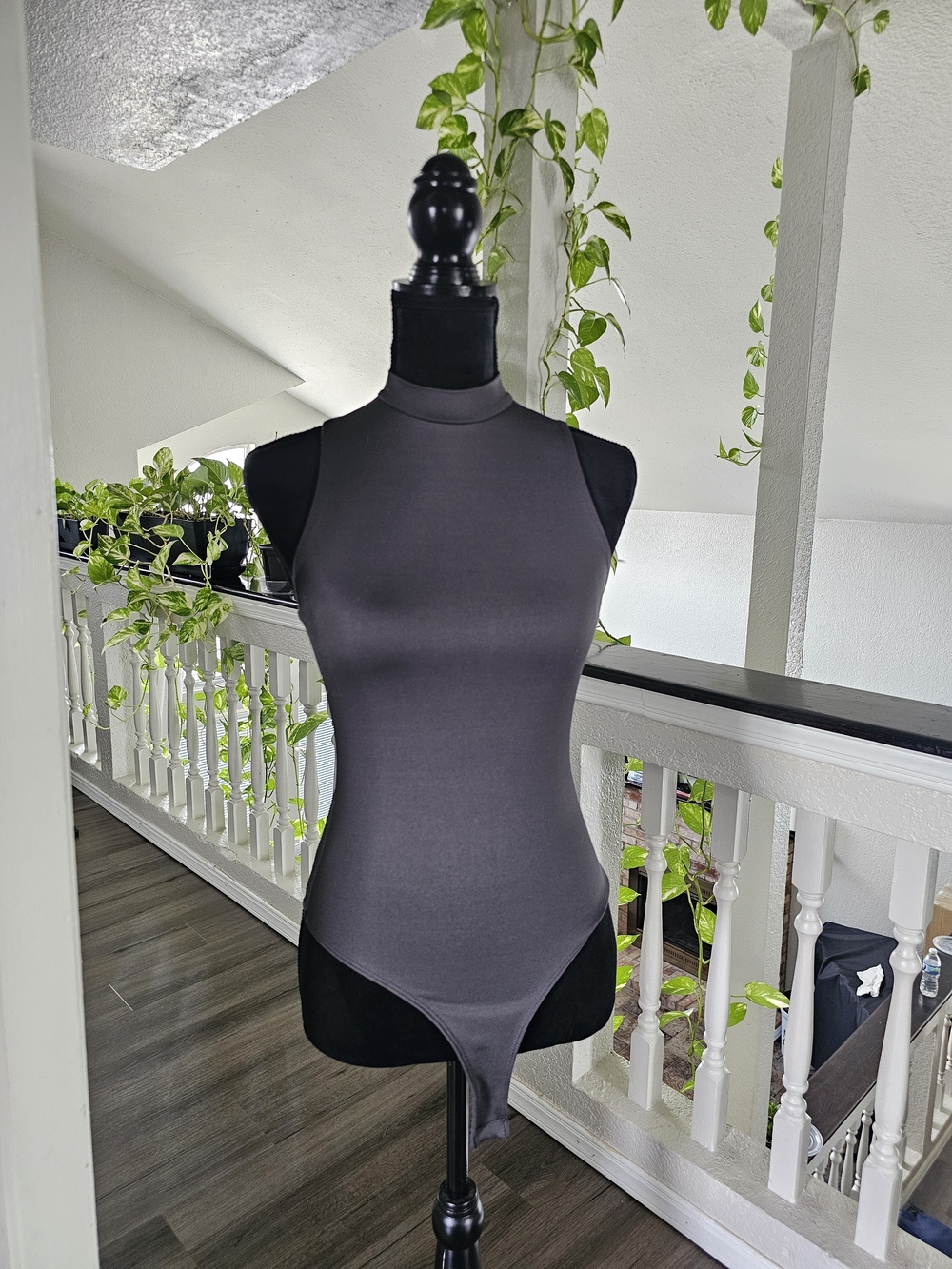 Size S Sleeveless Mock Neck Bodysuit in Charcoal Gray